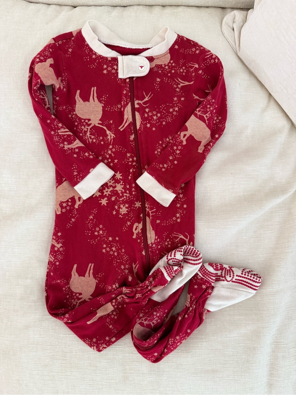 Red Reindeer Footed One-Piece Pajamas with Pale Pink Trim